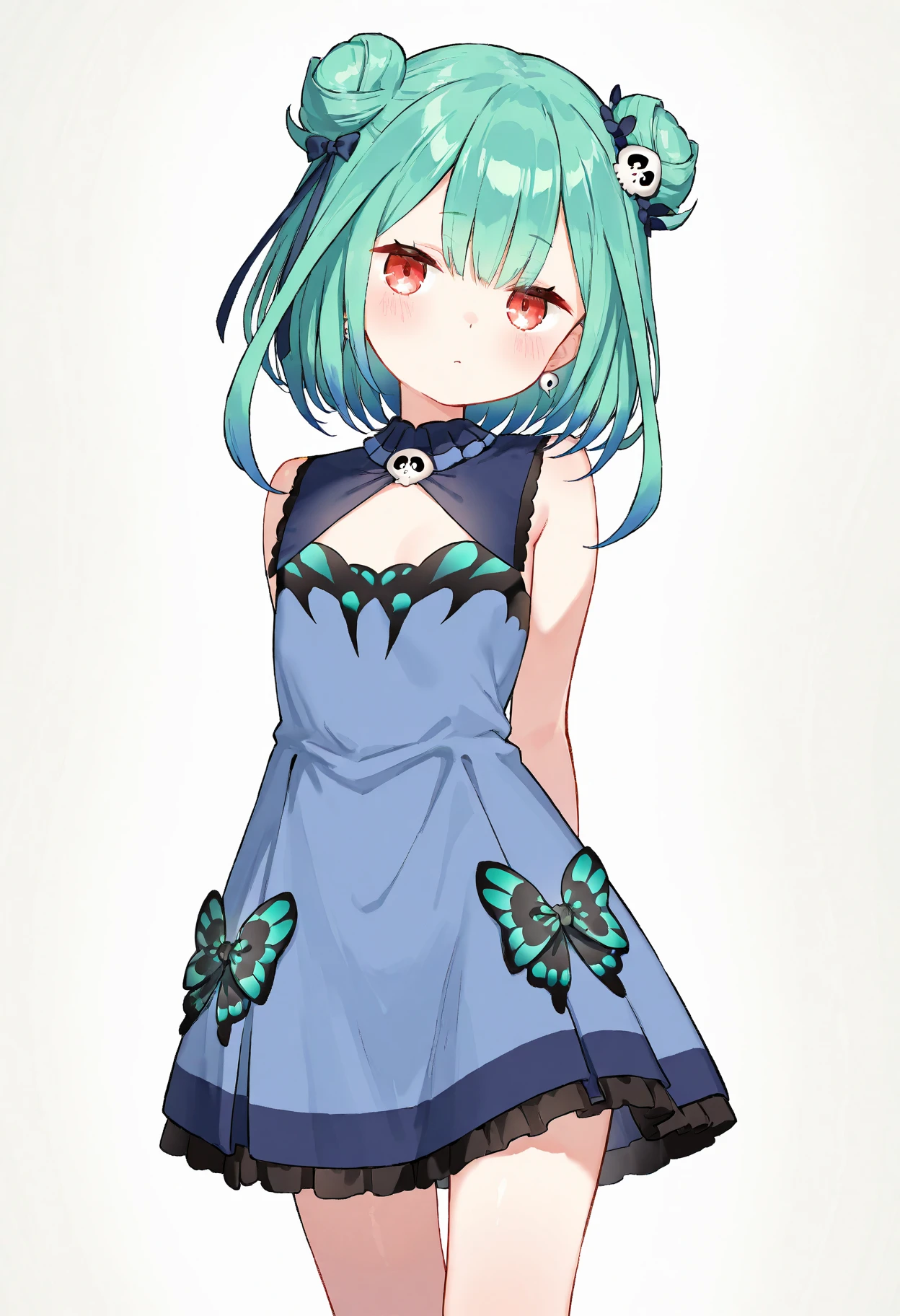<lora:bluerushialast:1>, bluerushia, green hair, double bun, short hair, blue bow, blue dress, detached sleeves, off-shoulder, blue butterfly, hair ornament, detached collar, cleavage cutout,
full body, standing,