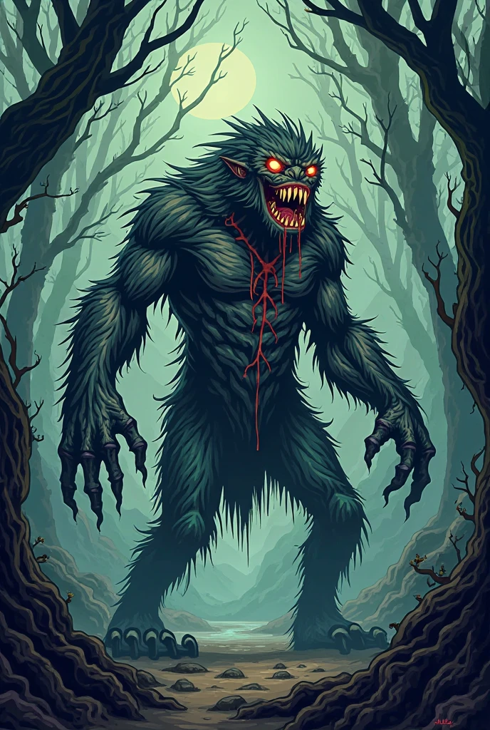 Bramraksha , red grey eye, dark skin ton red blooded mouth ,horrible physic long hair eyes also dripping blood hand with horrible sword and background with dark anime evening in woods