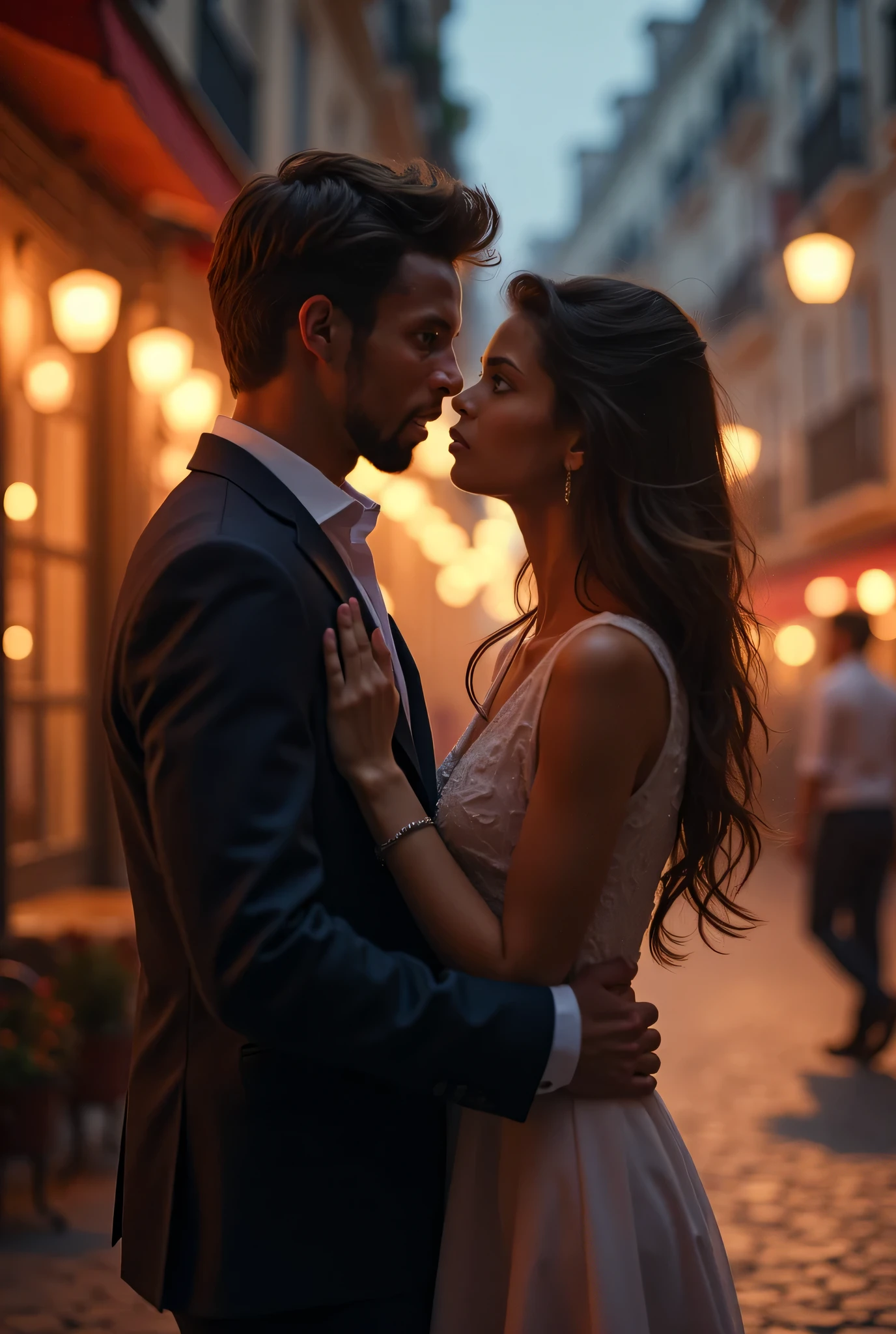 The man in his 45s with black very short hair and smooth face with moustache. The woman in her 45s with light brown long horse tail hair. The man is wearing a navy blue suits. The woman is is wearing gray dress. In the retro study. Kissing. Passion. Erotic. Night, dark, dim. Ultra realistic.