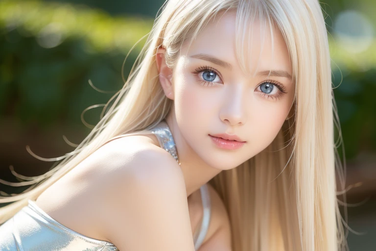 A 14-year-old beautiful girl with shiny bright blonde hair.、kawaii,Adorable, Face Focus , Ruffled Summer Dresses, Nordic bright blonde girl, Super long bright shiny blonde hair、Blonde color that changes from different angles、Low contrast, (Smile:0.8),  huge tit、 hair scrunchie,  Best Quality, 超A high resolution, photographrealistic, ultra-detailliert, 8K, Raw photo, masuter piece、Very beautiful, bright, pale sky blue, and very large eyes.、very big eyes、White shiny skin、cheek gloss highlight、Small Face Beautiful Girl、eye liner、blonde hair above the eyes、片blonde hair above the eyes、bangs between the eyes、