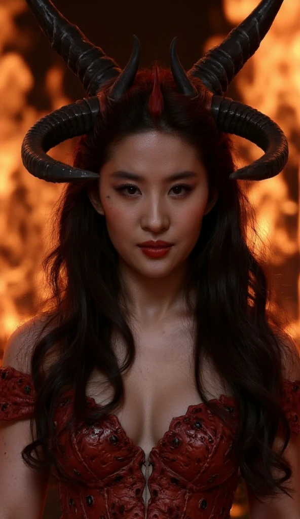 Super detailed Rihanna playing Satan sur le Trone de l'enfer, Diablas, Sexy robe black and red, demonic wings, demon horn, Realistic and detailed eyes, Chaos background of hell and destruction, Evil Queen, look straight at the camera, Suriente Average Satisfaction, long black, Shadow illustration of high-quality cells in hell, Legion as a whole, dynamicposes, perfect anatomia, at centre, liberta, seele, road to perfection, cellular pain, 8K , Cinematic theatrical atmosphere, Watercolor painting, global ilumination, detailed and complex environment, art stations, artistic concept, Management of fluids and networks, Volumetriclighting, Light cinematic