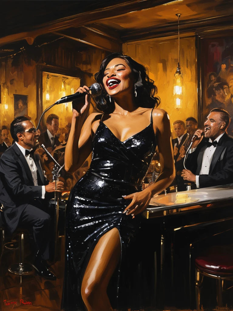 alabama bar, blue note, charismatic, baterist, guitarist, saxophonist, jazz band, fuchsia dress, illustration, noir fantasy, singer lady, 