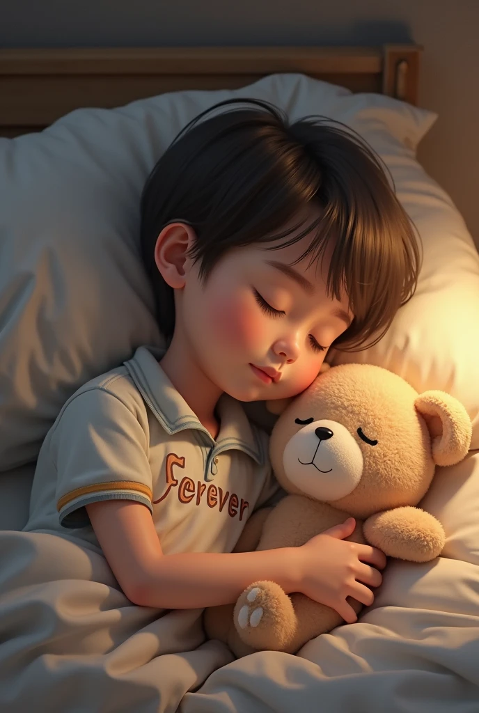 A child sitting on the bed with a teddy bear ready to sleep.