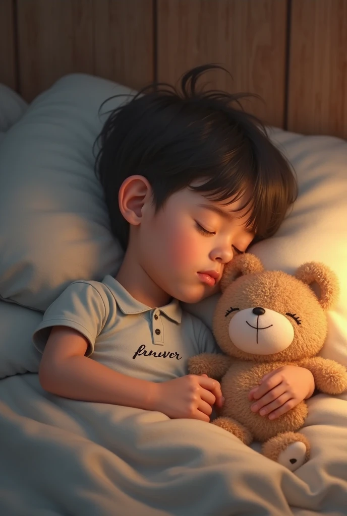 A child lying in bed with a teddy bear ready to sleep.