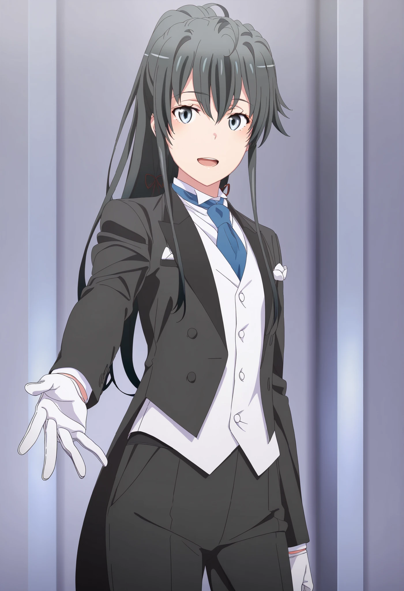 masterpiece, best quality, very detailed, , masterpiece, best quality,  eyelashes, (Beautiful Eyes), cowboy shot, anime,  Official Illustration, 1girl, solo, yukinoshita yukino, blue eyes, black hair, long hair, ponytail, tuxedo tailcoat, butler, blue necktie, black pants, gloves , standing, reaching at viewer, smile, close mouth, elegant pose , handsome girl ,1girl, solo, yukinoshita yukino, blue eyes, black hair, long hair, ponytail, tuxedo tailcoat, butler, blue necktie, black pants, gloves 