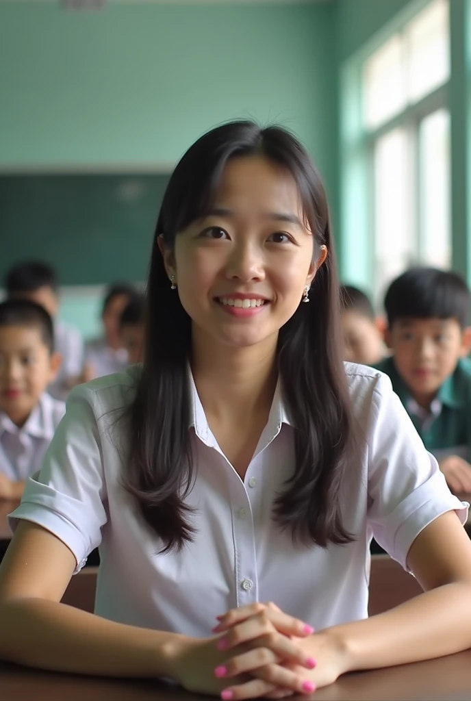 Vietnamese female student, big breasts, wearing white ao dai , 10 years old, in class