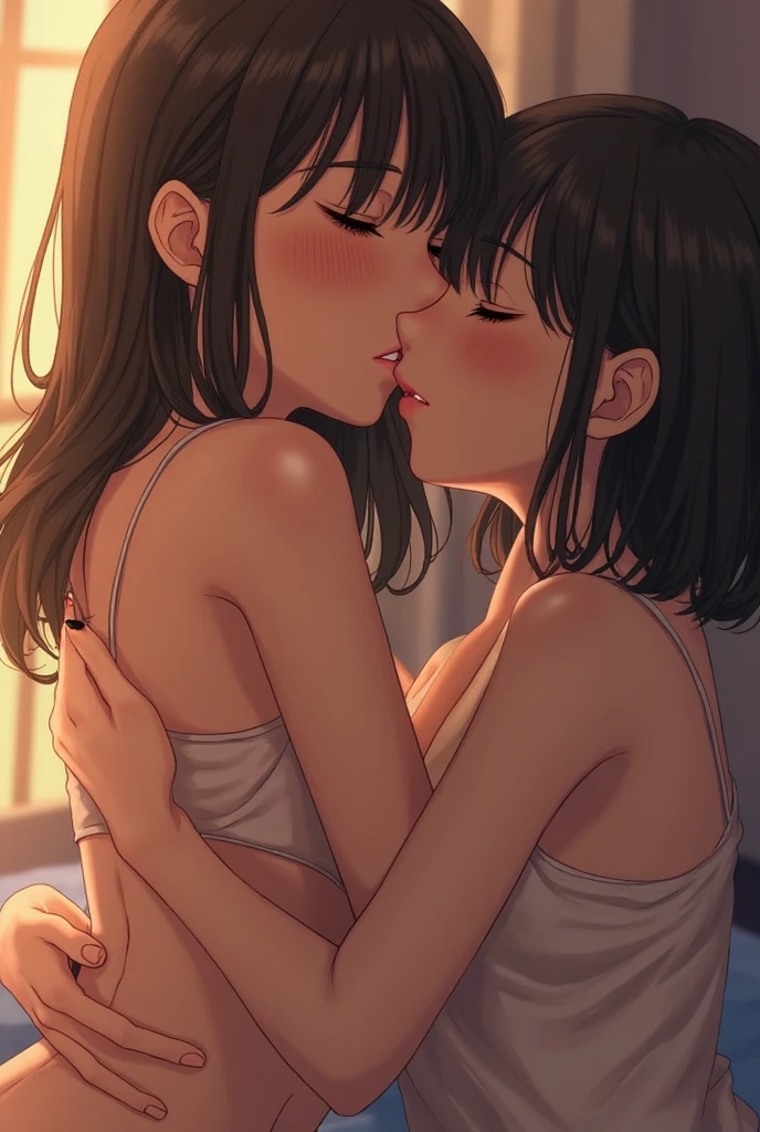 Two naked girls kissing, young asians, on a bed