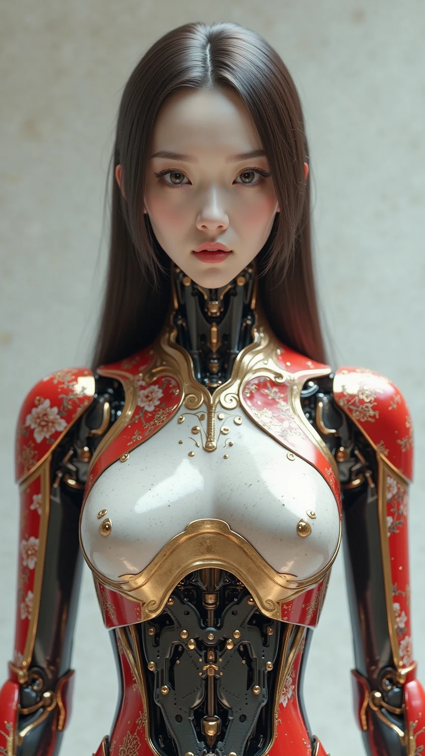 portrait of a slightly rusty japanese robotic geisha with wires and actuators, porcelain white face, dramatic lighting, hyper - realistic, ultra - realistic, intricate details, 8 k ultra high definition, octane render, Oiran, geisha, mecha, robot, Divine and gorgeously decorated oiran, make up, thick make up, she is a very elegant and beautiful 18 year old girl. Her face is gorgeously decorated, Ghost in the Shell, cyborg body, mechanical body, metal, mechanical limbs, tubes connected to the mechanical parts, (((masterpiece))), ((best quality)), (ultra-detailed), (CG illustration), (an extremely devious and beautiful)), cinematic light, ((1 mechanical girl)), single, (machine-made joints: 1.4), ((mechanical limblood vessels attached to the tube), ((mechanical spine attached to the back)), ((mechanical cervical vertebrae attached to the neck), ((back to the viewer)), expressionless, (wires and cables attached to the head and body: 1.5), science fiction, apocalypse, ruins, sexy, hard nipples, seductive, smile, big breasts,