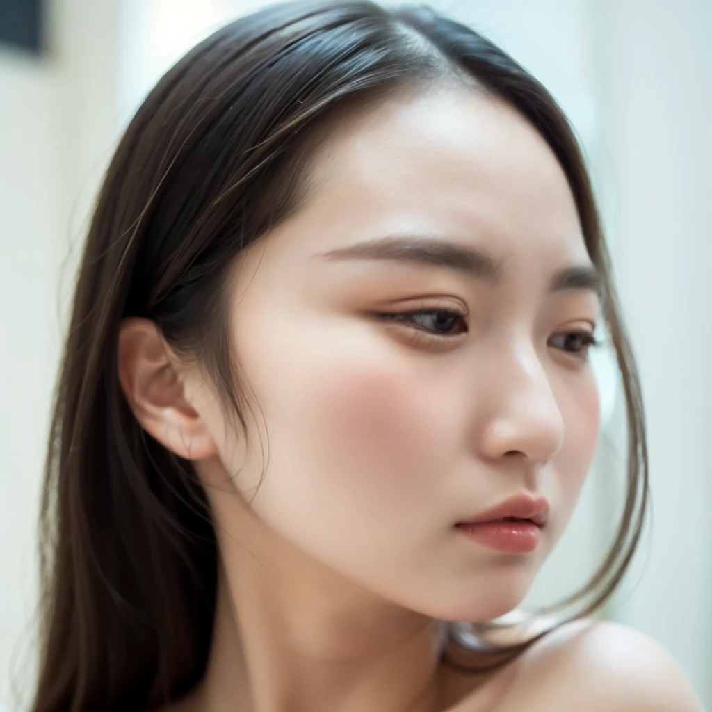 High resolution, High level image quality, high detail, masterpiece, rough skin, anatomically correct, sharp, gray background((japanese mature, 28 years old)), alone, ((close your eyes and open your mouth))、(Strong orgasm)、facial wrinkles, good shape big breasts, Straight light brown hair that reaches to the shoulders, slim body shape (((stand upright, facing the center of the screen.))), Close your mouth and look straight ahead with a serious face, ((cowboy shot)),I'Looking for record of objection.、((Raise your arms and show me your armpits))、((Strong orgasm))wrinkles between eyebrows、turtleneck sleeveless knit、((skin shining with sweat、Arms glistening with sweat、face shining with sweat,))