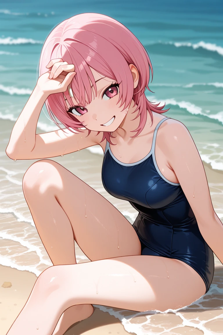 high quality、high resolution、masterpiece、16-year-old high school girl、Cute round face with medium length hair、The background is a summer beach、Wearing a swimsuit、Smiling Japanese person、4K