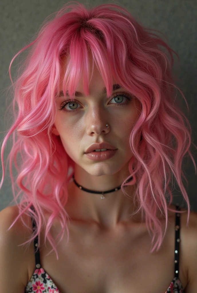 1girl, bangs, bellissima, blurry background, brown eyes, brown hair, freckles, long hair, looking at viewer, looking up, necklace, pink hair, realistic, sleeveless shirt, solo, upper body, wavy hair, wind
