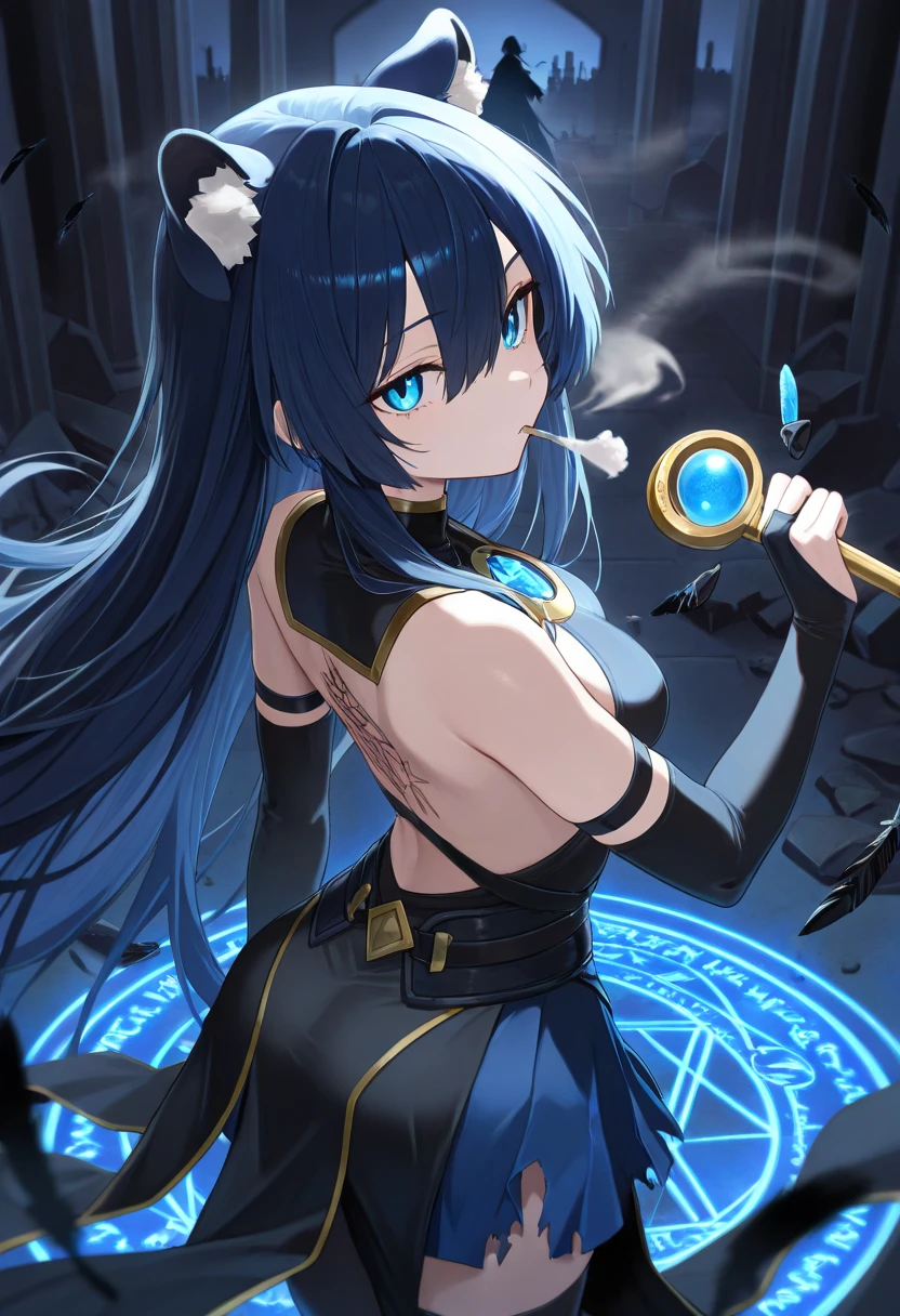 colorful, 1girl, mature, black glasses, black hair, blue eyes, medium breast, staff, holding a staff, blue rain, glow, glowing weapon, water particles, wallpaper, chromatic aberration,