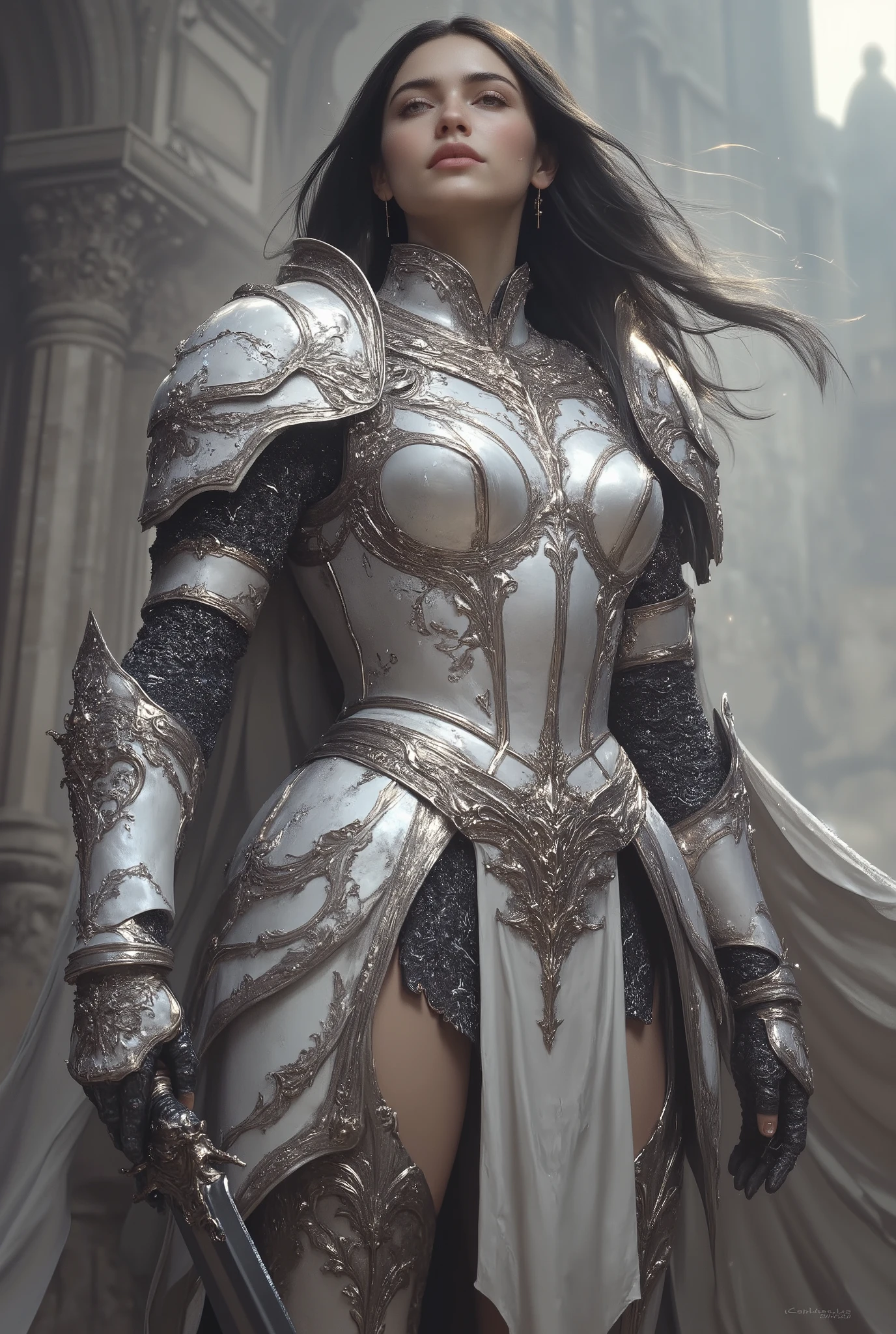 A majestic and muscular female knight standing tall at 180cm, with a statuesque, athletic build and commanding presence — wearing radiant pearl-white full plate armor with elegant silver filigree and subtle iridescent sheen, her long dark hair flowing behind her in the wind, piercing eyes filled with strength and compassion, her armor reflecting soft ambient light, standing on a stone battlefield or holy temple steps, a massive sword resting at her side, cape fluttering behind her, inspired by heroic fantasy realism and female warrior iconography, high-detail character portrait, painterly textures, powerful and noble presence