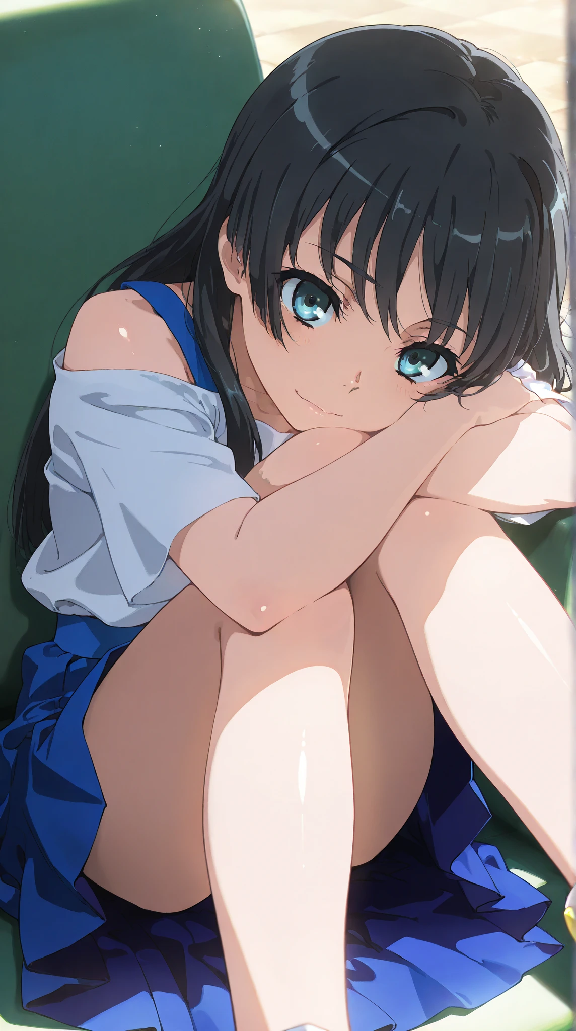 a matter of fact, daytime, sunlight, 1 girl, 8K resolution, blue hair, blue eyes, glowing eyes, white short skirt, Blush, tennis, sleeveless shirt, sunlight, Wet from the rain, seethrough, Sit with your knees raised., pussy, smile, the skirt is lifted up, highest quality, High resolution, highly detailed face, perfect lighting, Very detailed CG, (perfect hands, perfect anatomy), mini yaemori, perfect figure, in love expression, bottomless, armpit,