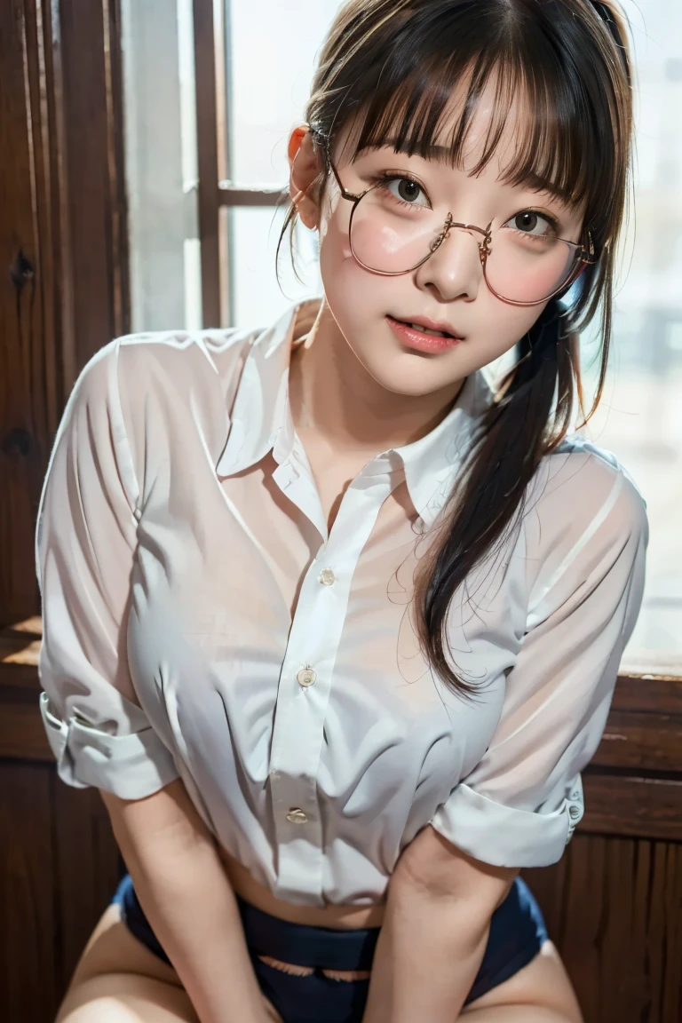 ulzzang-6500-v1.1, (raw photo:1.2), (photorealistic:1.4), beautiful detailed girl, very detailed eyes and face, beautiful detailed eyes, ridiculous, incredibly ridiculous, huge file size, super detailed, high resolution, very detailed, best quality, masterpiece, kemomimi, ((OL installation)), illustration, very detailed, CG, unified, 8k wallpaper, amazing, fine details , masterpiece, best quality, very detailed CG uniform 8k wallpaper, light on face, cinematic lighting, 1girl, 16 years old, (without panties)), (with glasses), ((dynamic pose))), (camel toe), (half), (pantyhose), (knee-bending and holding legs))
