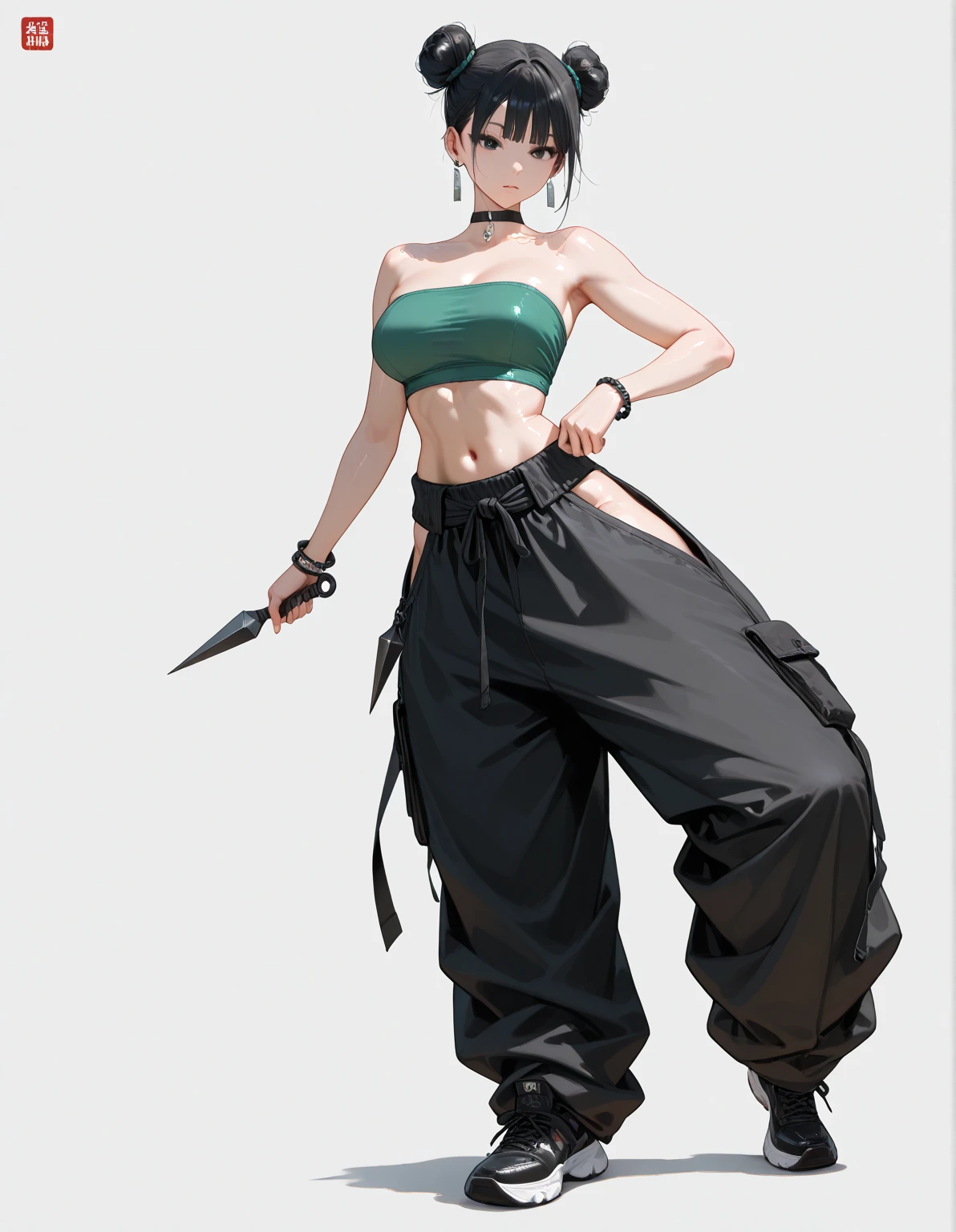 a cartoon of a woman in a green top and black pants, baggy pants, male anime character, full body details, full body character, full body illustration, full body close-up shot, single character full body, anime full body illustration, wearing a baggy, full body single character, full character body, baggy clothing and hat, fullbody portrait