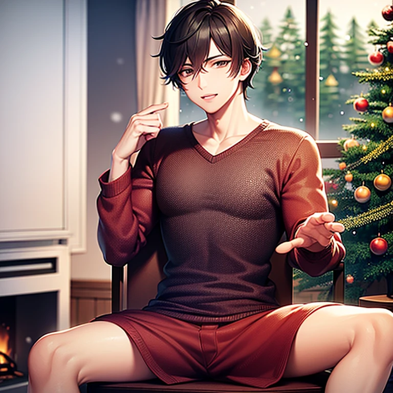 A man in red  sits on a bed next to a Christmas tree, V in Devil May Cry plays as an elf, A male elf, Handsome anime pose, Silas, Kanacheng, (SFW) Work, Sakimichan, Tall anime man with blue eyes, Shirtless :: High Detail