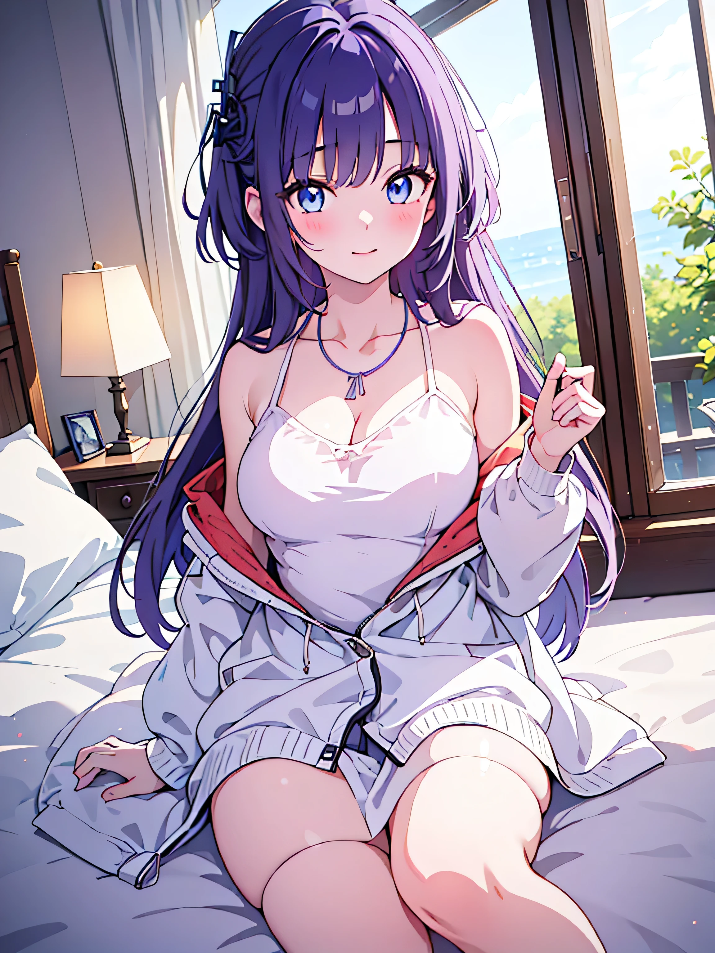 Wolf Girl, Large Breasts, Voluminous, messy purple hair, masterpiece , Red eyes, hd,Close-up of face 、 tooth、Double teeth,, On the bed、Thick thighs、Grinning、White sleeveless sweater、mini skirt