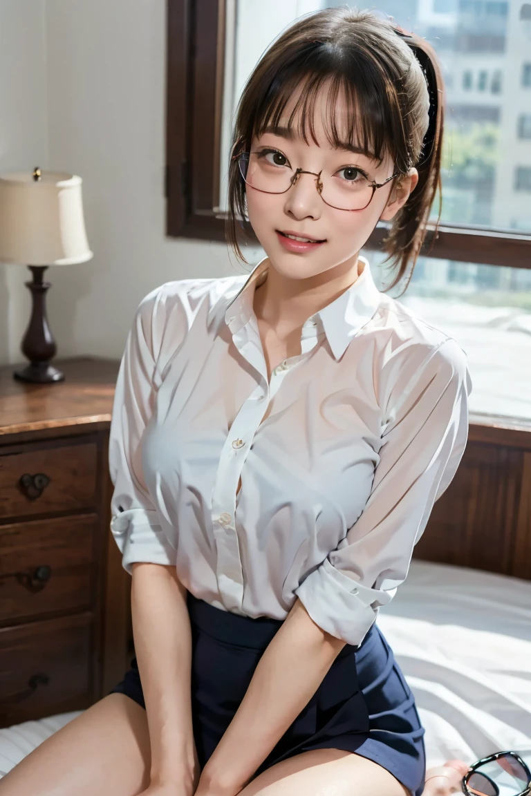 Top image quality、超A high resolution、masutepiece、Photoquality(photographrealistic:1.8)、Delicate skin texture、accuracy、Japan women、17 age、Girl Smile、A dark-haired、Cute dimples、Non-makeup、Medium Hair、Boyish girl、Black-rimmed glasses、I'm an honors student、Slender girl、Smaller chest、Flat-breasted、laugh face、Have a good laugh、Look straight at me、hi-school girl、White short sleeve blouse、White shirt with collar、Japanese high school  girl、校服、Thin Blue Ribbon Tie、gingham checked skirt、Exposed shirt hem、 I have a paperback、By the window of the classroom、laugh face、Have a good laugh、Facing the front、Midsummer Sun、Hot summer days、Sweaty skin、reflective light、