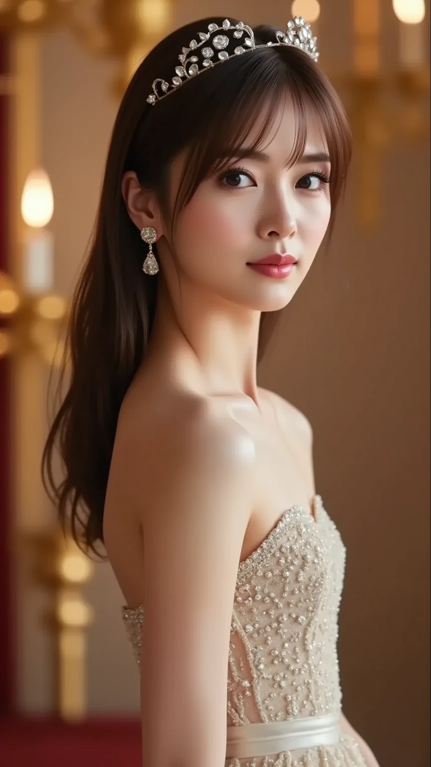 (top-quality、8K, yes、32K、tmasterpiece、hyper HD:1.2)、randome pose、(Extremely delicate and beautiful work)、(tmasterpiece)、One girl、Highly detailed elegant wedding dresses、tiara crown、A highly detailed、Enchanted expression、beautiful and clear eyes、green pupills、delicatenecklace、Delicate earrings、simple blurr background、extreme detail description、Beautiful fece、a charming、Ultra-fine painting、delicated face、Delicate figure、Thin Clavicle、Beautiful lips、soft back view、mix4、(8K、RAW photography、top-quality、tmasterpiece:1.2), (reallistic, Photorealsitic:1.37),1girl in,Cute,Cityscape, natta, Sateen, moisty, Professional lighting, photon maping, Radio City, physically-based renderingt, above waist、