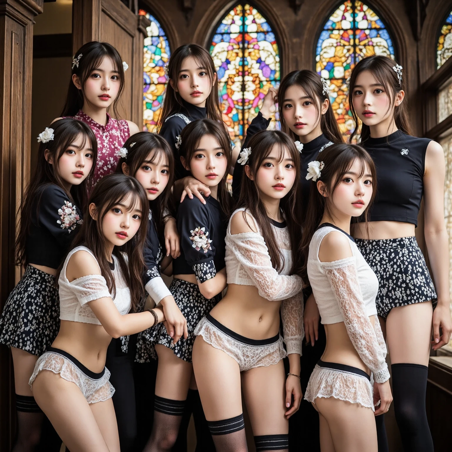 (sfw, White and Red, Acutance:0.8), Masterpiece, realistic, (photorealistic:1.37) with touch of rawness. A group of KAWAII girls in opened school uniform without brassiere . (extremely detailed KAWAII face variations, joyful expression variations), { Navel | pretty Ass | Overflowing underboob | (White panties) with blood only in crotch area | (full of Flowers covering girl's body) | (Dazzling colorful stained glass with delicate details:1.2) } . (Exposed:1.2), ((nipple:-0.9)), (not Detailed fingers:-0.9) .