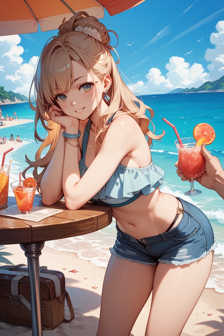 masterpiece、high resolution 8k、NSFW、sharp focus、contrast lighting、A cozy beach bar with a menu board, 1 girl, sitting on wooden stools,a red bikini top,blue denim jacket shorts,long blonde hair hair,smiling,headphone, a doorway leads to a sandy beach with a clear blue sky and a palm tree.