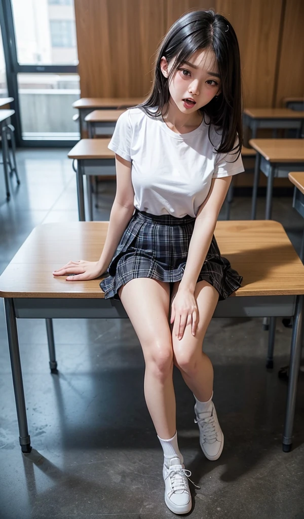 (Happy expression:1.26)、RAW Photos、(((Ultimate beauty full body photo shoot)))、((Glowing Skin))、1 girl、Beautiful 12 year old girl from Prague、10th Generation、Primary school students、Bright expression、((Black-haired))、Shortcuts、Girl in sweatshirt、Checkered Pleated Skirt、View from the floor、(Long stockings or pantyhose)、(Micro Skirt、high waist)、((Place your elbows on the desk、Sit on a chair with your legs spread:1.2))、(((she opens her legs and shows me her panties.:1.5)))、((forward leaning posture))、Counterpoint Shot、((Very detailedな))、(Perfectly detailed face)、(Fine hand)、(Finger details)、(Superior human structure)、Photorealistic imagery、最high quality、Very detailedな、Film Light、Intricate details、High resolution、Very detailed))、Detailed Background、8 time、Digital single-lens reflex camera、Soft Light、high quality、Film Grain、Fujifilm XT3 、Shallow depth of field、natural Soft Light、Kamimei、classroom