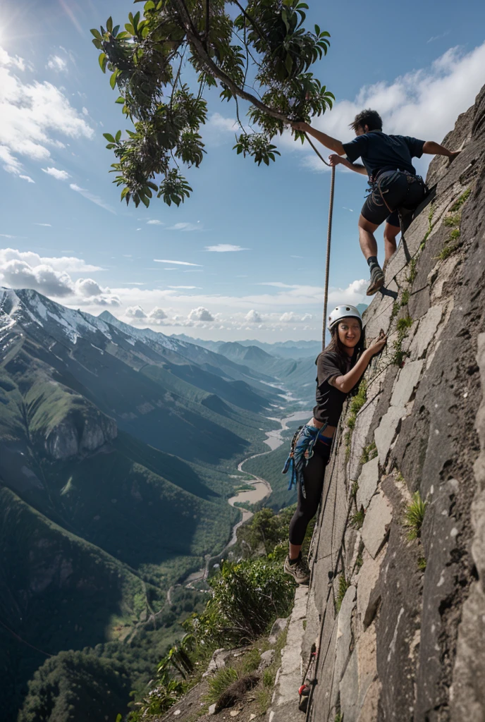 Cliff mountain in midsummer, (girl, Attractive ass: 1.2), (Manloch Climbing: 1.4), Ice axe, lifeline, Backpack, Icefall, Harness,Brave climbers tackle a rock face in summer gear, Cannabilus, Crochet, Vertical rock walls,danger,thrilling,Emphasis on human resources,(8k, 16k, Awards, highest quality, High resolution, Super Detail,Very detailed, Anatomically correct, Tabletop)