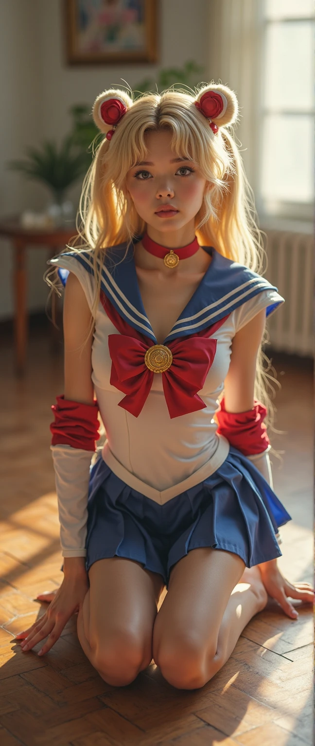 (8k, RAW photo, best quality, masterpiece:1.2), (ultra highres:1.0), detailed illustration, detailed, (realistic, photo-realistic:1.37), detailed beautiful skin, sailor moon, (1 girl: 1.2),(full body:1.2),(hand of Guido Daniele:1.2), slim body, cute, happy, long hair, long leg, cleavage,blue skirt,red bow,blue eyes,blond hair,twin tails,hair bun,hair ornament,blue sailor collar, red choker, red boots, high heels, sailor senshi uniform, white gloves,tiara,elbow gloves,pleated skirt,knee boots blue sky, beautiful sky, (scenery), lake, falling petals, falling leaves, cowboy shot,