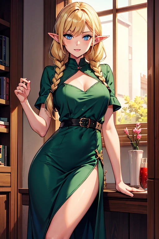 A girl in a green top, green short skirt and high stockings, top-quality, realisitic, ultra-detailliert, Versatile sexy poses、long blonde hair, Brown-eyed, slender, dynamic light and shadow, hight resolution, sharp focus, depth of fields, realistic pupils. (Thigh thickness: 1.0), beautiful and sexy body, slender body, perfect body, in a very tight and very cute top, cowboy shot,