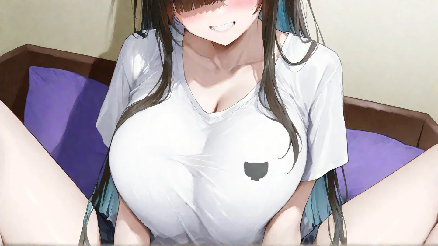 tsukino mito,Long black hair,Hair Clip、blush、The whole body is visible、Huge breasts、Handjob、slim:1.5、White cat lingerie T-shirt, choker, Neck bell、白いcat paw gloves、Huge penis、Half-closed eyes