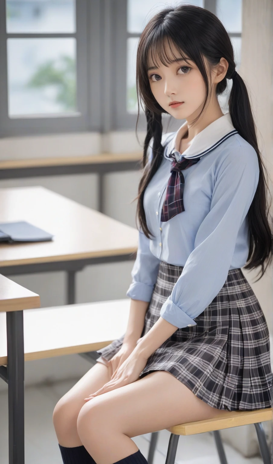 masterpiece, highest quality, ultra high resolution, figure, colorful, flat color, Depth of bounds written, Lens flare, one girl, anime, sitting, black hair, looking at the viewer, School, classroom, pleated mini skirt , school uniform, seraphuk, black pantyhose, fine texture, fine cloth texture, beautiful detailed face,