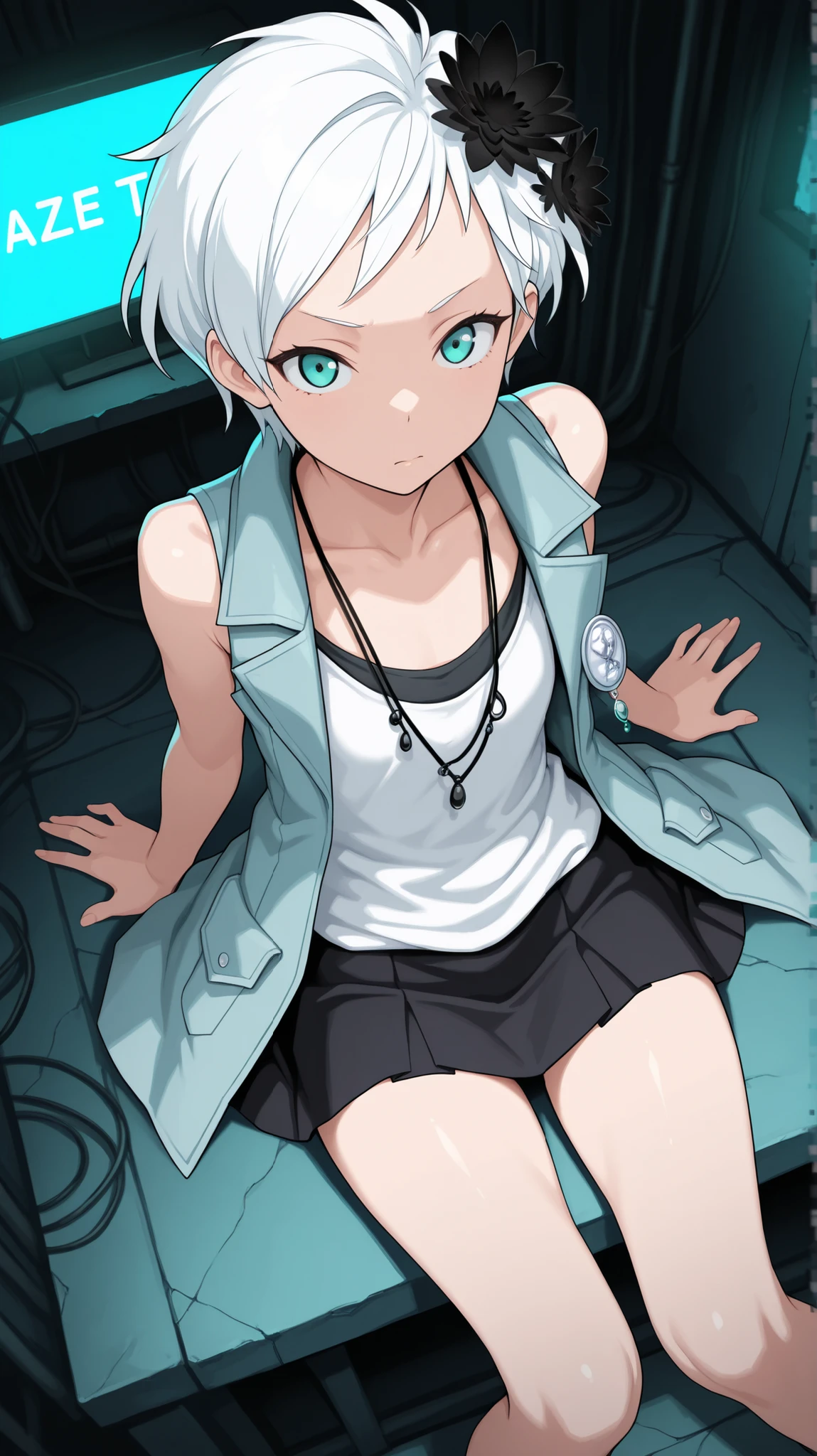masterpiece, best quality, amazing quality, BREAK phiv, 1girl, white hair, short hair, black flower hair ornament, aqua eyes, flat chest,collarbone, black necklace, multiple necklaces, light blue vest, bare shoulders, sleeveless, white badge, white shirt, black skirt, miniskirt,from above,sitting, dutch angle,looking at viewer, basement.dark room,neon light, blue monitor, wires, glitch,
