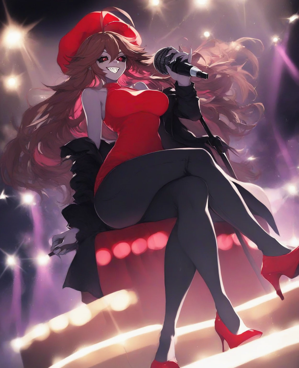 Highly detailed, High Quality, Masterpiece, beautiful, Girlfriend, 1girl, solo, full body, light smile, red dress, sitting, sitting on speaker