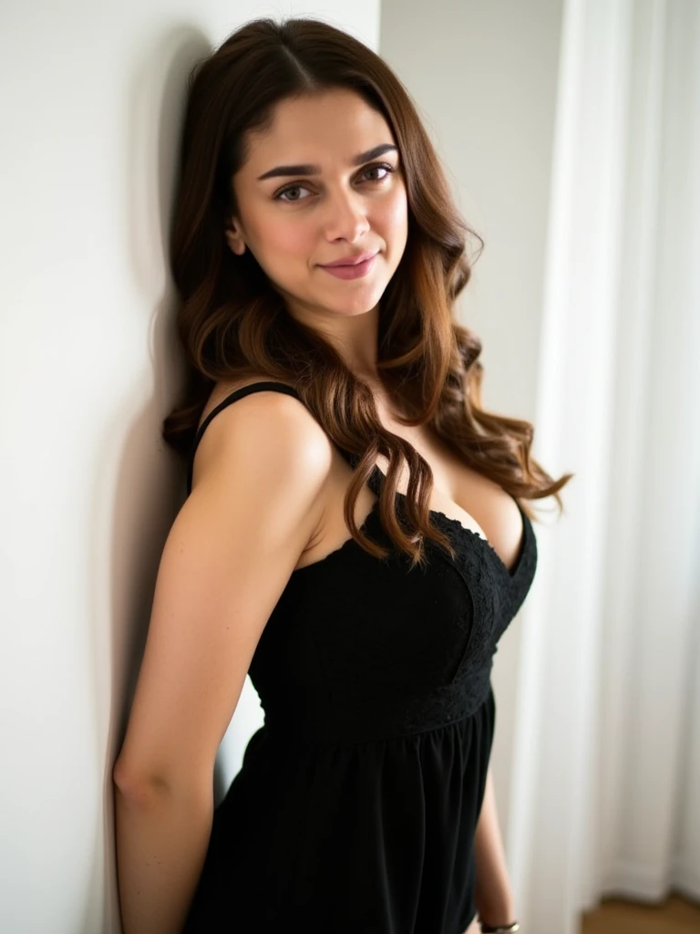 Young brunette woman aged 32, yeux verts, wavy brown hair, naughty and seductive look, charme, visage parfait, harmonious and attractive, black elegant short dress, The evening