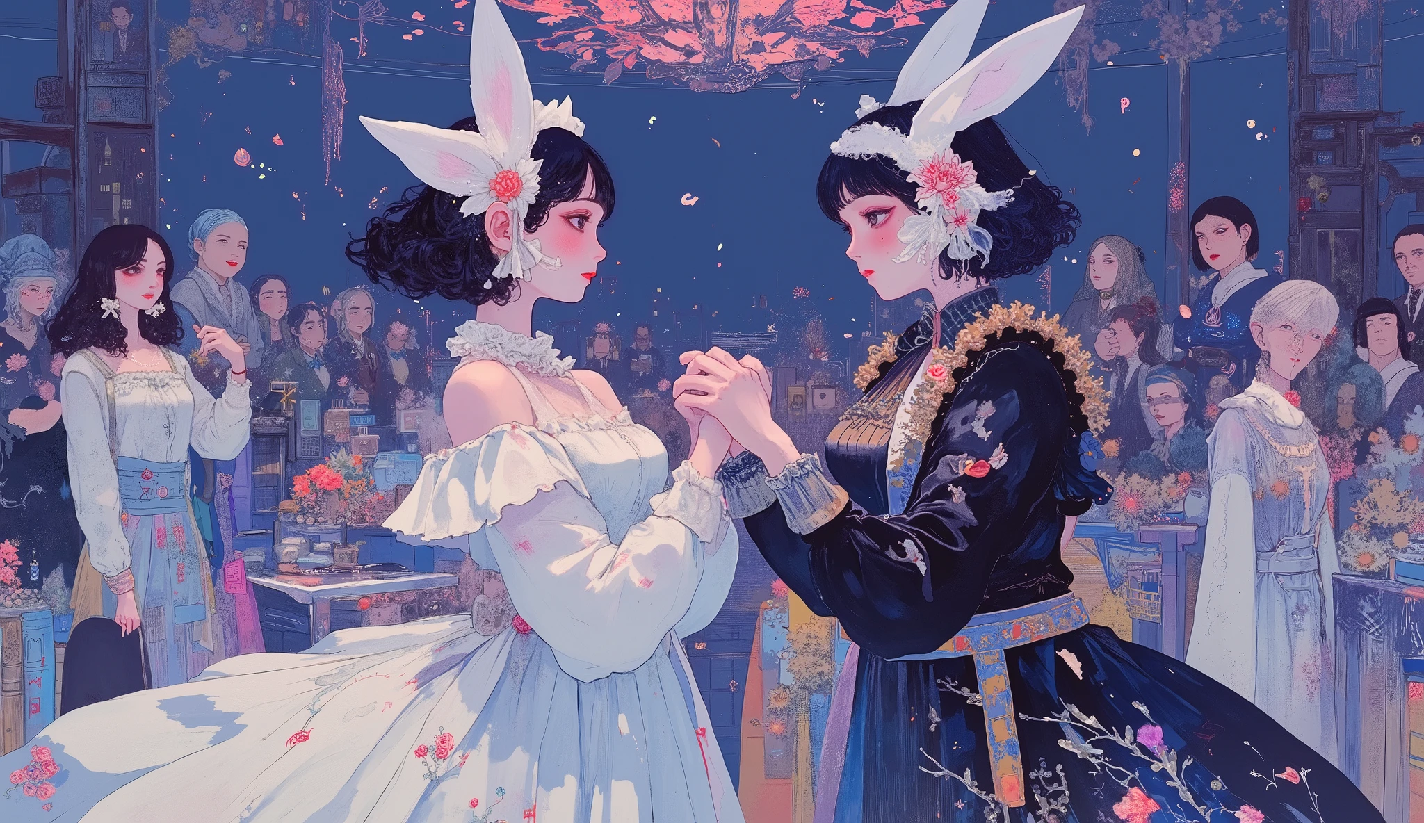 (masterpiece,top quality:1.2),Japanese paper painting \( Japanese paper painting ),2 thin girls are dancing,  Staring at Each Other's Faces  ,1 person \(black shorthair, With her hair up , white maid headband ,1 red rose-shaped hair accessory,Wearing a fox mask,Keen Eyes, another ,PERFECT BEAUTIFUL FACE FACING A SMALL CITY FACING A BLACK NECK CHOKER, white maid costume only ,  Off-the-shoulder gothic dress  ,Paper Texture),another 1 person /(long black hair, With her hair up , deep black maid headband ,PERFECT BEAUTIFUL FACE FACING A SMALL CITY FACING A BLACK NECK CHOKER,Wear bunny masks,Closed eyes, dark gray black maid costume only ,  Off-the-shoulder gothic dress  ,Paper Texture),they dance in a glamorous dance hall、holding hands with each other,face to face. (  Last Warm Pink Full Moon  :1.2),  Little Grey Mist  ,Dark Blue Night , background gradient ,  Staring at Each Other's Faces  ,please focus on 2 thin, shadows and contrasts 