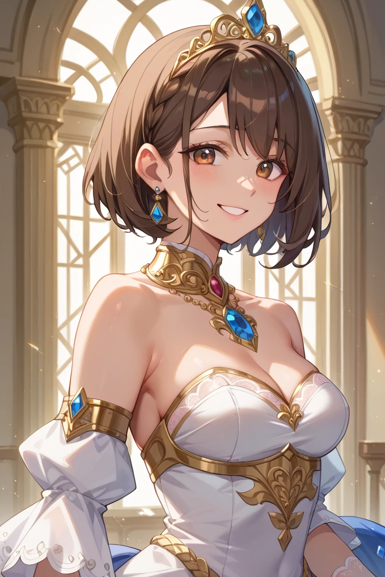 Official Art, Masterpiece European female face, short hair, light brown hair , brown eyes , Flower Frame ,Decorative panel , (masterpiece、top-quality、hight resolution: 1.4),in 8K, Drawing of a woman with short light brown hair and a crown, Anime Art Nouveau, highly detailed exquisite fanart, anime fantasy illustration, clean detailed anime art, detailed anime art, Sharp Focus, Delicate Beautiful Hair and Eyes and Face, realisitic, ultra-detailliert, a beauty girl,A slender