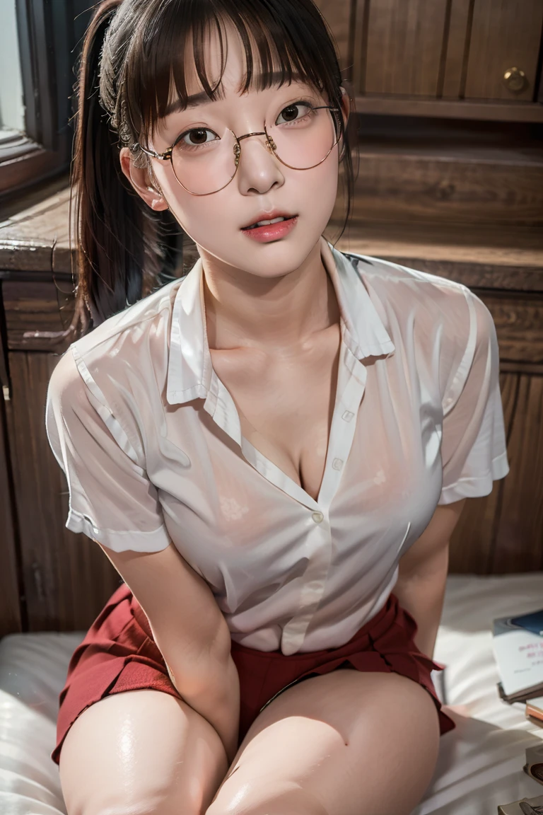 one pretty girl, solo, twin braids, prefect face, blush, lips, big tits, cleavage, (expressionless), thin waist, navel, college uniform, round eyewear, glasses, collared shirt, open mouth, thighs, open pose, light on face, looking at viewer, soft lighting, film grain, 35mm film,