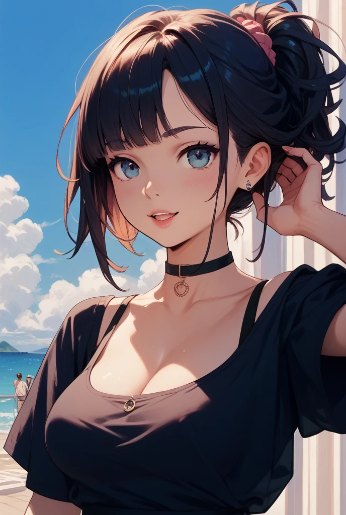 Photo of a woman with natural skin, Seaside cave, The light is shining in, Upper Body, Smiling, High Twintails, Black hair with red mesh, Sharp eyes with red eyeshadow, Blue-green eyes, Shining eyes, A thin, upturned nose, Well-shaped lips, Big Breasts, ((Black off-the-shoulder dress, Thin shoulder straps)), barefoot, Makeup, Exquisitely crafted with the utmost attention to detail, Vibrant, amazing, Smooth, Cinematic, 4K, Backlight, (()), Shallow depth of field, ((Detailed eyes:1.3, Detailed lips:1.3, high quality, )), masterpiece, Super detailed images, High quality