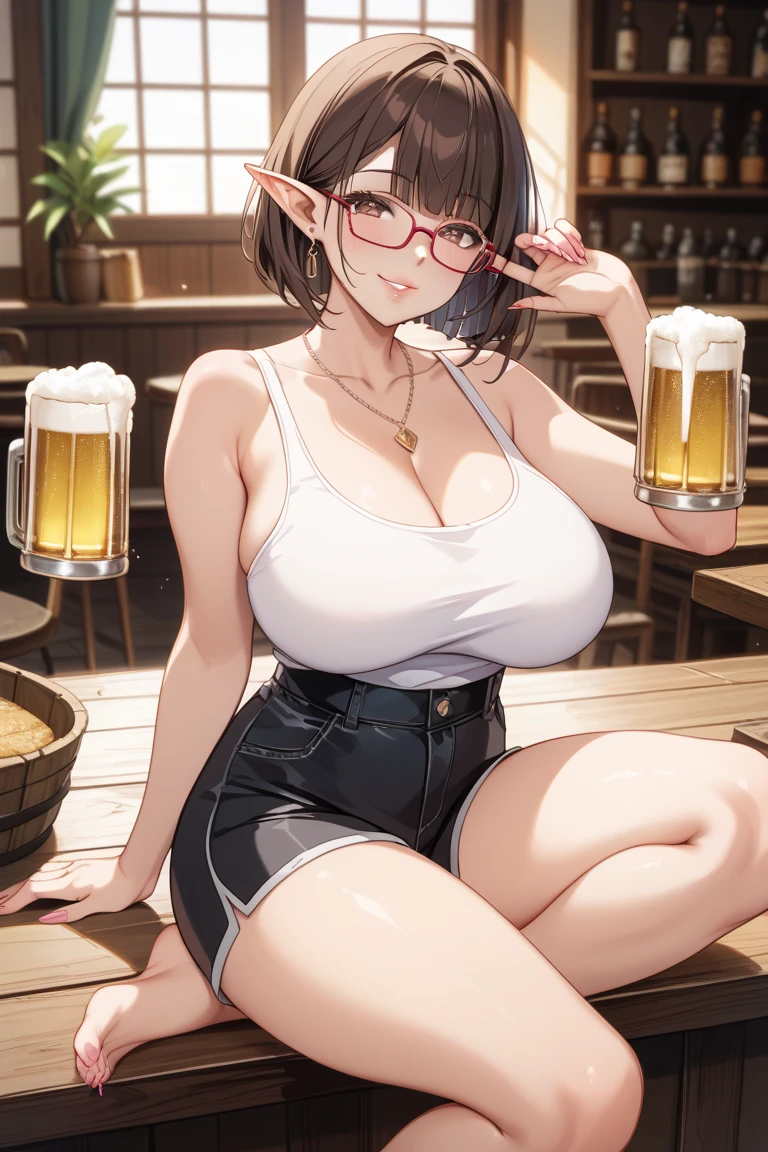   woman in bunny ears sitting at a bar with a beer mug , seductive anime girl, smug smile , blush , sweat,  at a bar, black bunnygirl , gapmoe