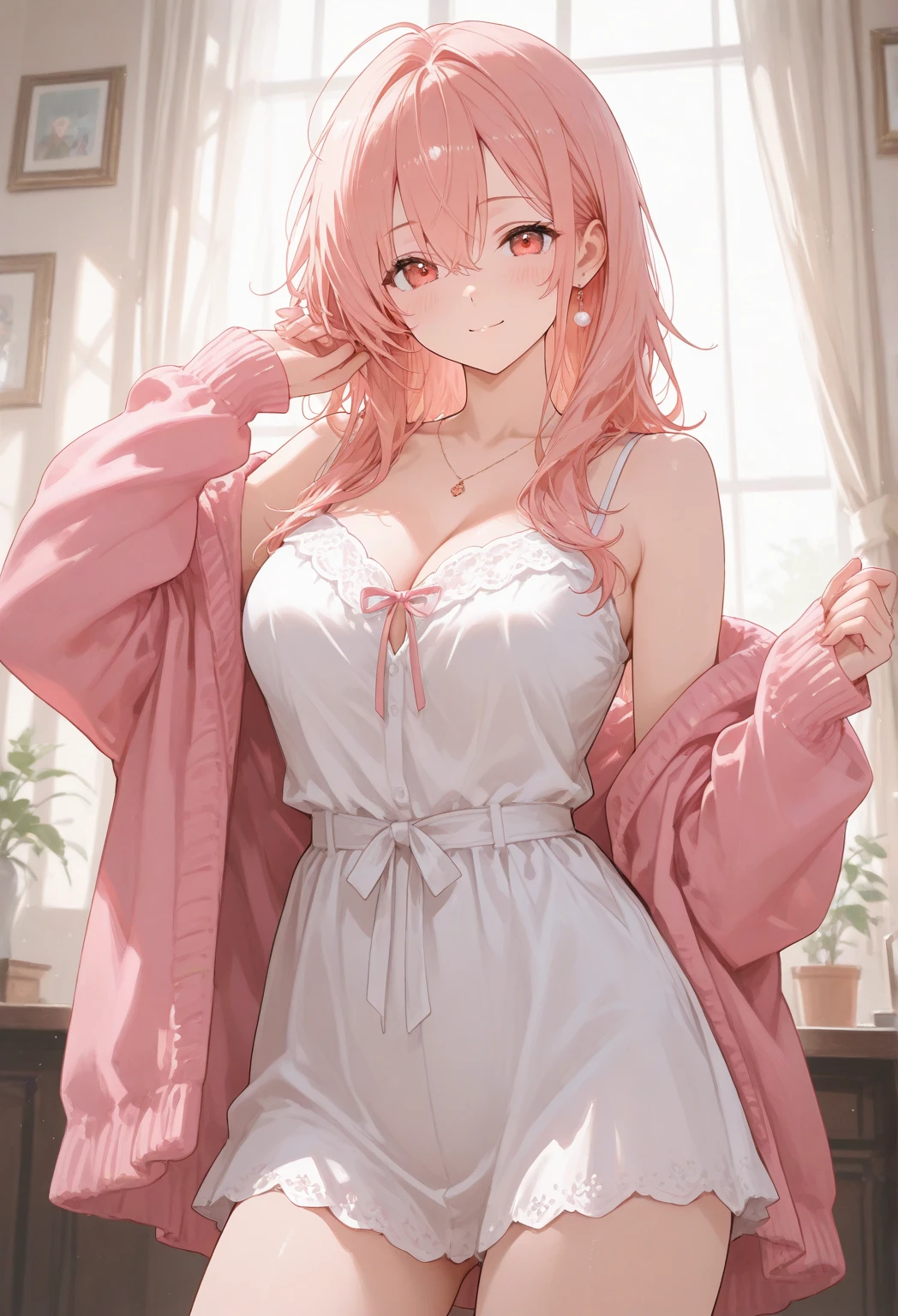 beautiful young woman, anime style, detailed face, red hair, wet hair, large eyes, pink eyes, delicate features, soft lighting, blush, wearing a choker, wearing a casual dress, one-piece dress, sexy, cleavage, barefoot, relaxing on a living room sofa, cozy home interior, soft lighting, evening, relaxed posture, detailed background, just showered, wet hair, illustration, anime art, hand-drawn style, high quality, highly detailed, 8k resolution, cinematic lighting, best quality, vibrant colors