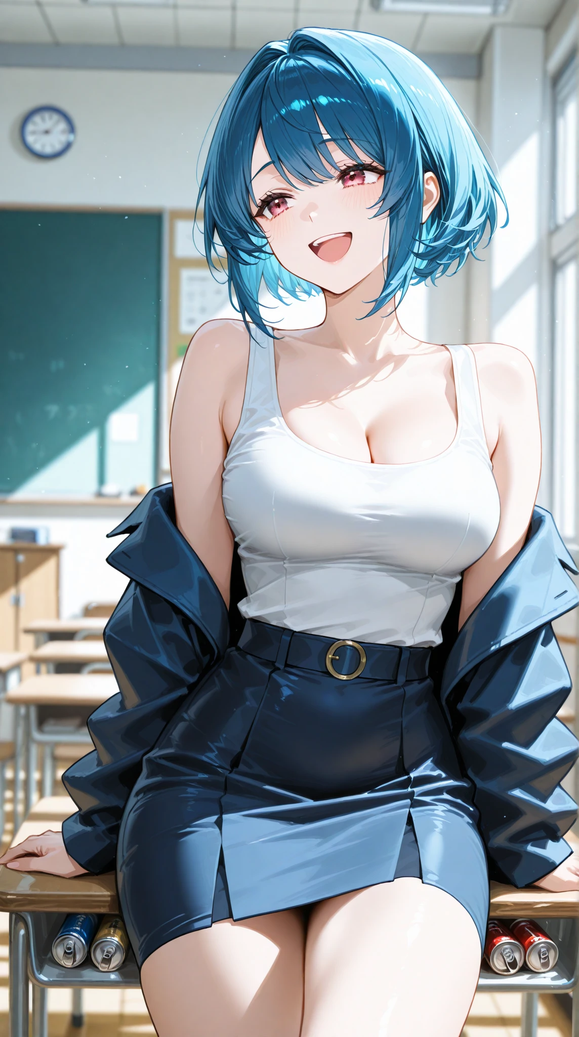 hight quality, masterpiece, 8k, 1 female, beautiful face, blue hair, blue eyes, wearing , sitting in the class near the window, looking outdise