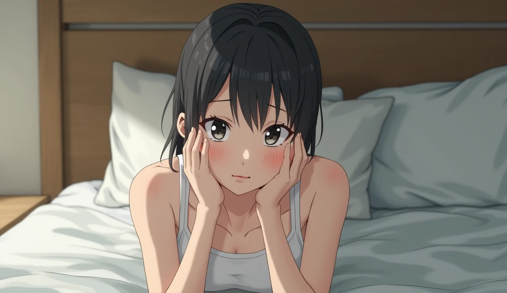shinkai makoto, kimi no na wa., 1girl, bangs, black hair, blush, brown eyes, idol, idol clothes, collarbone, red headband, red ribbon, pink bikini, pink skirt, short skirt, black thighhighs, medium breasts, short hair, smile, cute, embarassing, moaning, solo, open mouth, Off-the-shoulders, indoors, bedroom, lying, relaxing, pillow, blanket, cushion, indoors, on bed, on side, barefoot