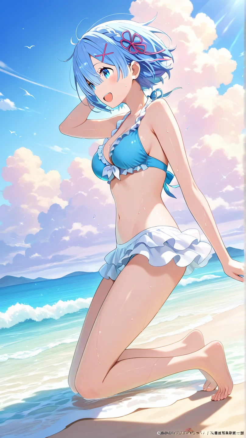 (Real: 1.5) Girls, Rezero Rem, Smile, Medium, Stockings, 4K, 8K, Perfect Face, Blush, Blue Eyes, , Sea, Bright Sun, Sandals, Beach, Erotic, Sexy Shorts, Corset, Sea Turtle, Walking, (Wet Skin), Leaves, Big Sun, Beach Bar