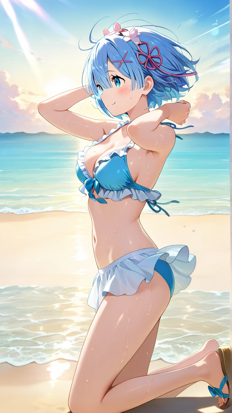 (NSFW:1.2), (8K, Raw photography, Top image quality, A masterpice: 1.4), super highly detailed, (Realstic, photorealestic: 1.48), 20 age old, cute  girls, (see-through white micro bikini:1.55), Famous actors of Japan、 (blue hairs:1.7)、1 daughter、Solo Focus、Type Moon Wind、Kyoto Animation Style、Shorthair、Blunt bangs、Inter-eye hairs、side locks、Shiny hair、Beautiful and dense cold face、Seductive smiling、anger、Intricate details beautiful and delicate eyes、Bare shoulders 、small tits、Clear eyes、White Skin Skin、hair ornament、swim ring、Beautiful raw back、sandal、Skin dent、collar bone、Raw feet、the beach、Dense sky、White sandy beach、The tree、 very accurate and detailed、absurdist、extremly detailed、16k wallpapers、Realistic texture、Masterpiece to the smallest detail、From Side, looking at the viewers, deadpan, Beautiful lake, Zeiss 150mm f/ 2.8 Hasselblad, Whole human body, for feet, Ultra Wide Angle