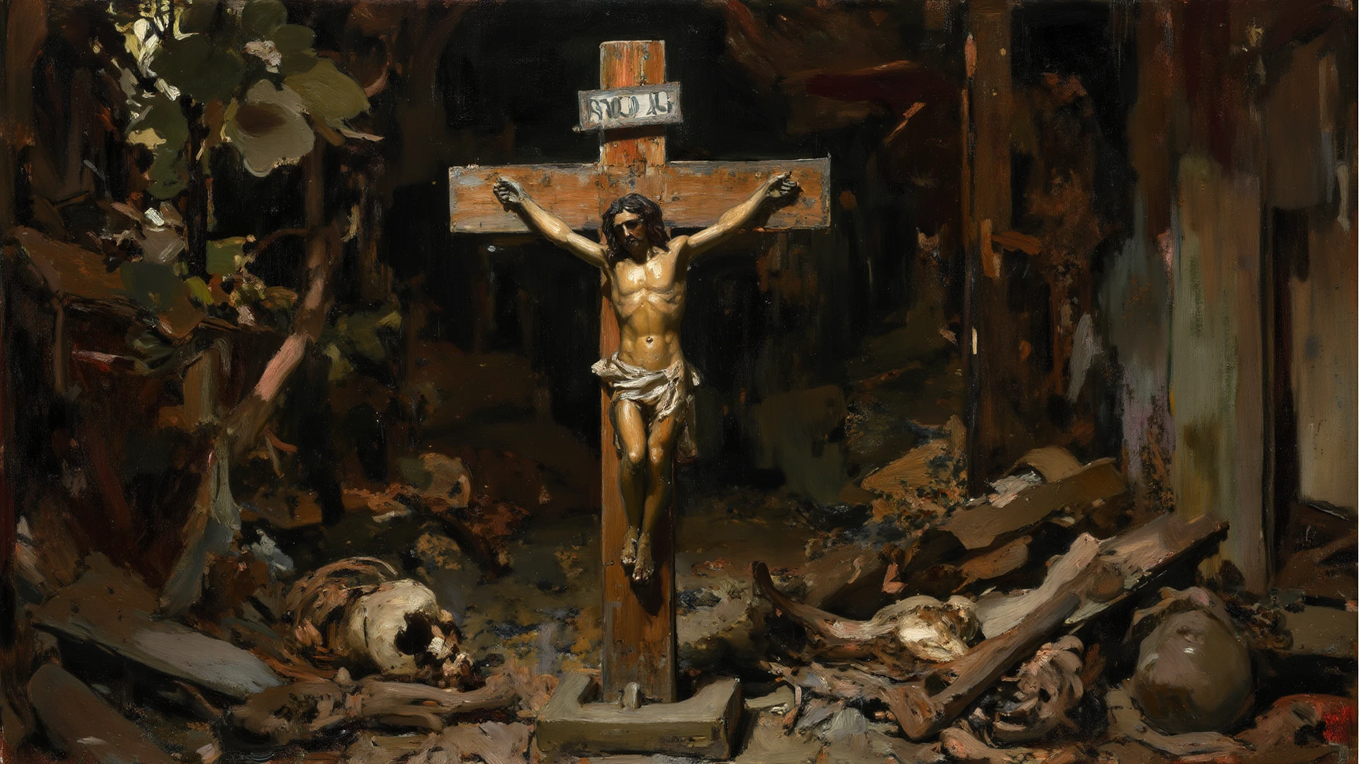 fallen angel chained in a cross, but only in torso and the hands and behing the cross; front view, face full of rage and looking to us with bright eyes; beautiful man; caravaggio oil painting; realism; mid lenght hair; background with a lot of detail; inferior half body destroyed with legs destroyed; and blood; show hands becomings into fangs, and arms downs; the cross in stone with some ornament; show bull body and a bigger backgroun with a lot of cross's in land; the body in the cross some meters above the land; depressed; broken wing in the floor