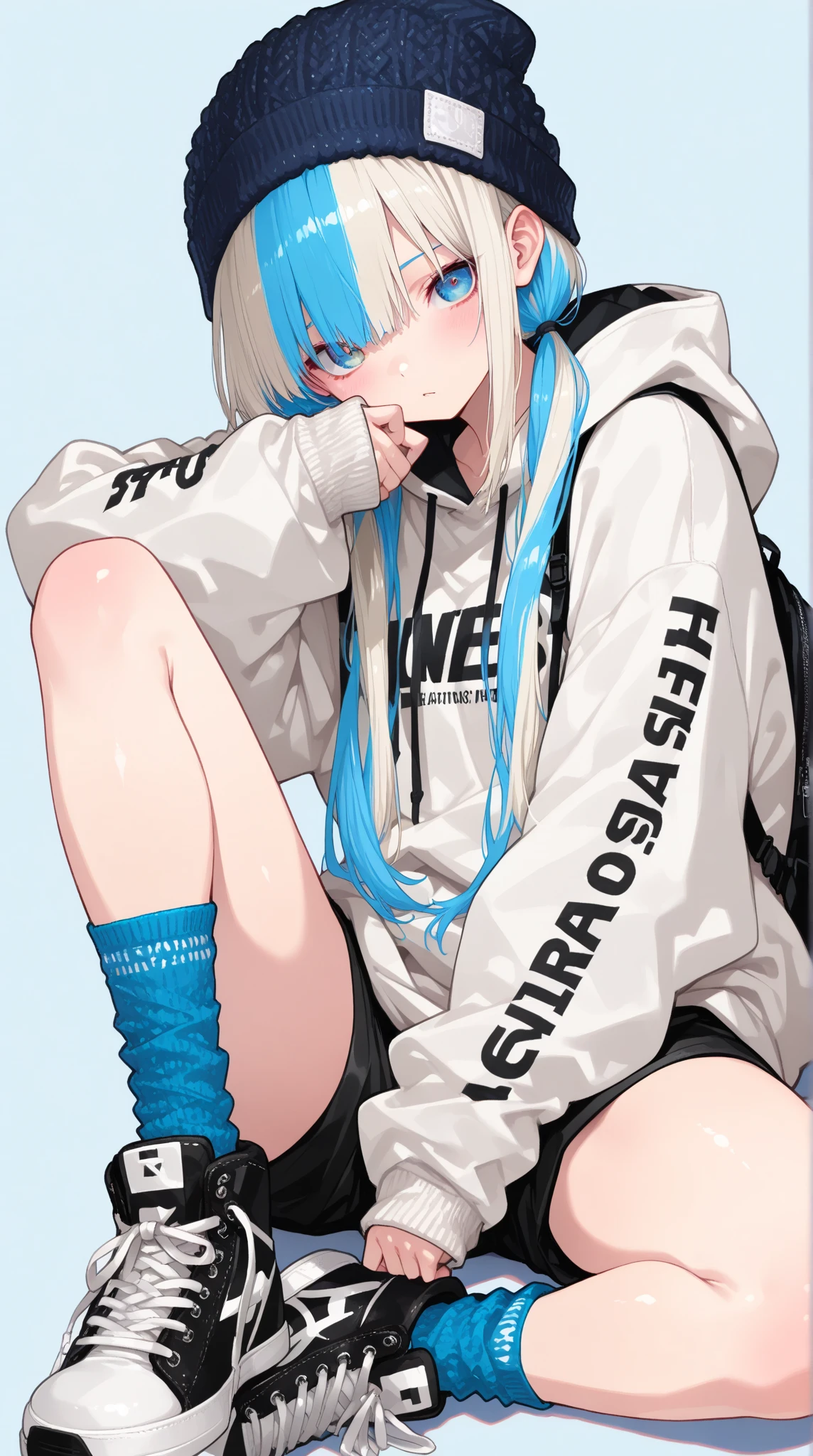 Invoke msw, best quality, single girl, solo, long hair, stockings, double tail, very long hair, shorts, simple background, white background, sitting, jacket, shoes, sneakers, looking at viewer, shirt, necklace, blue eyes , hair between eyes, belt, closed mouth, white shirt, nails, blue hair, hair decoration, ribbon, smile, aqua hair, full body, off shoulder, phone, long sleeves, nail polish, turtleneck, crop top, open sweater Hair band, eyelashes , Alternate outfit, bangs, watery eyes, transparent, open clothing, midriff, white shoes, embellishment, sleeveless, artist name, bare shoulders, collarbone, side locks, from the side, side view, ahoge, breasts, signature, sleeves My wrist past anime