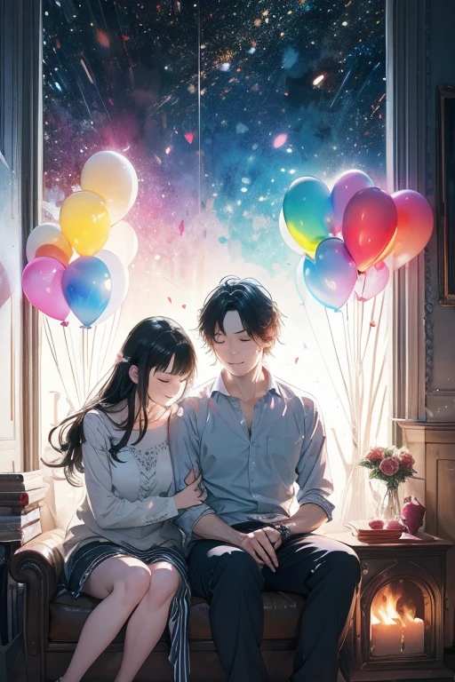Super Detailed, absolute resolution, masterpiece.
couples sitting shoulder to shoulder in front of fireplace ( I can't see a man's face, woman turns around and winks with a cute smile ), Balloons and "Happy Valentine's Day" written on them, Sleeping cat, fireplace, fireplaceの柔らかな光 , happy space .
Mr.々colorful, iridescent, misty glitter effect.
very delicate depiction, very clear image, Bold and Dynamic, Contrast of Light and Dark, 2.5d, artistic photography, Super Real, watercolor fusion, Acrylic and Collage, Conceptual installation art