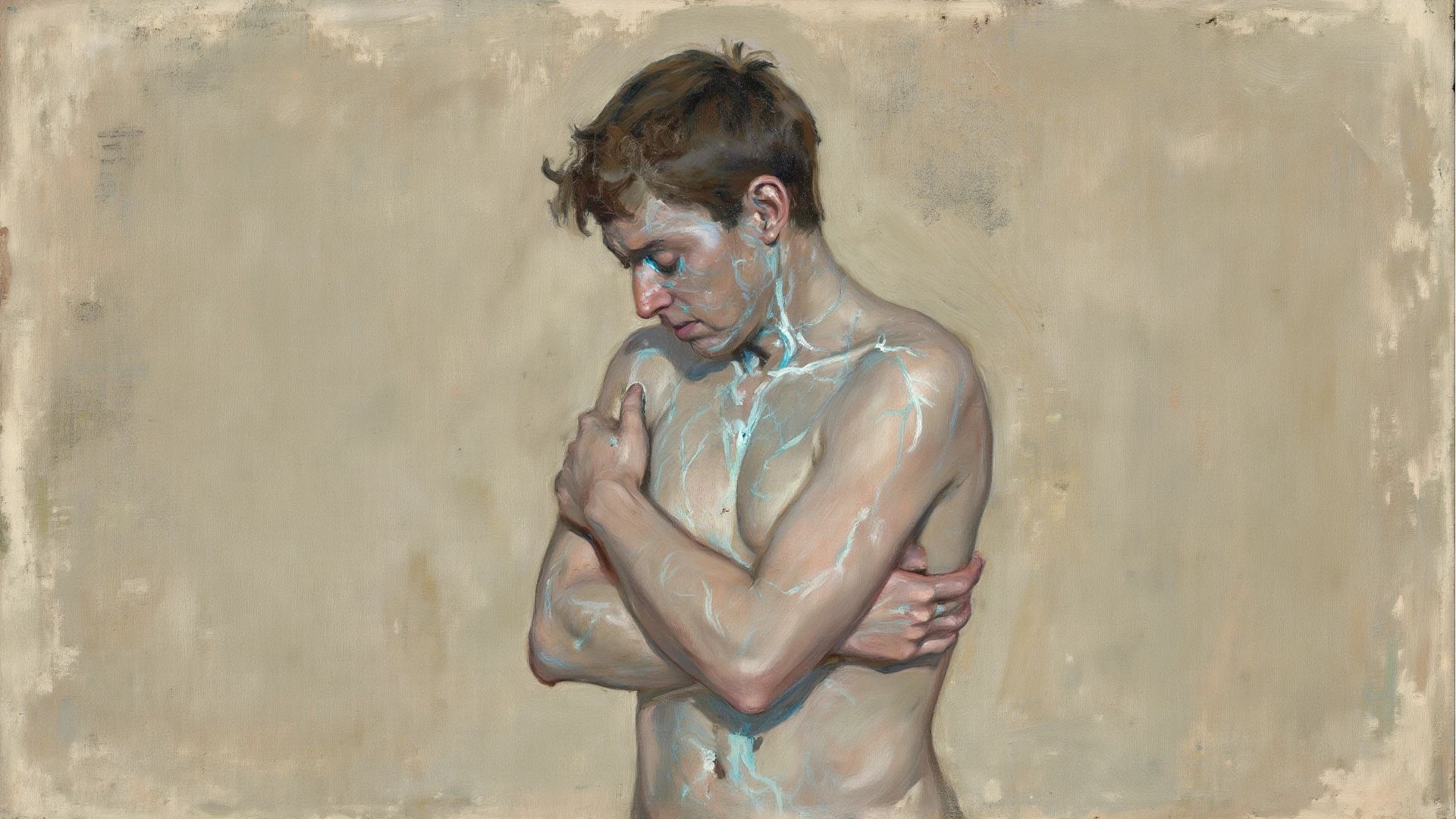 ((a watercolor)), male focus, by Philipp Otto Runge, a moody, sad, muscular, very sexy and aroused man, barbarian, uncut, penis, tan skin