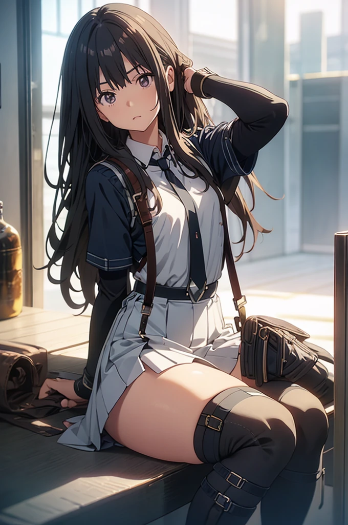 (shibari:1.5),(Official art、Best Quality、Unity 8k Wallpapers、32K、 masterpiece、ultra-detailliert、High resolution,Perfect Anatomy:1.2),(natural soft light:1.2),Detailed beautiful face and eyes,cowboy shot,(focus 1woman,solo),18-year-old beauty、japanes, master of success:1.5、black hair,long hair,blunt bangs,black eyes,tearful:1.5,crying:1.4),(smaller head:1.4, ideal ratio body proportions:1.5,skinny:1.2,tsmall breasts:1.2),(Tied with hemp rope:1.4,School uniform:1.3、shortsleeves、a sailor suit、pleated mini skirt、Loafer shoes)、((sitting,spread legs:1.5,opening legs:.1.5,))、outside of house、Mileland、